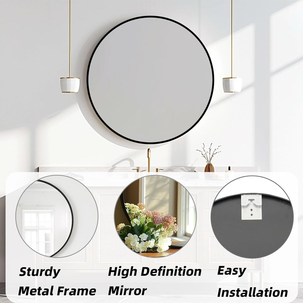 Round Mirror 30 inch, Black Round Mirror, Circle Wall Mirrors Metal Frame, Circle Mirrors for Bathroom, Living Room, Hallway, Vanity, Over Sink