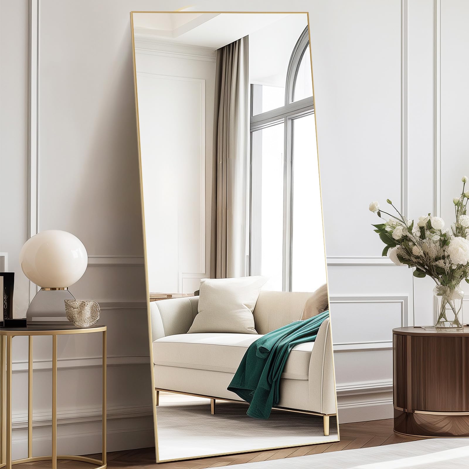 DUMOS 63.6"x20.6" Arched Full Length Mirror with Stand Floor Free Standing Aluminum Frame for Bedroom Body Hanging Leaning Modern Simple Home Decor Shatter-proorf Nano Glass Wall, Gold-Rounded