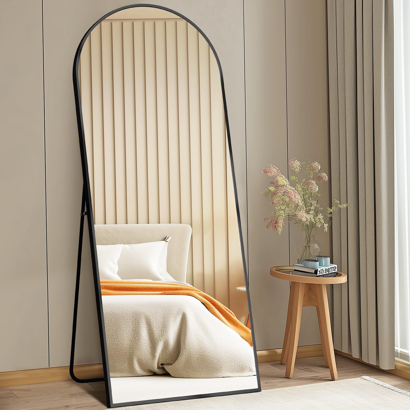 DUMOS 63.6"x20.6" Arched Full Length Mirror with Stand Floor Free Standing Aluminum Frame for Bedroom Body Hanging Leaning Modern Simple Home Decor Shatter-proorf Nano Glass Wall, Gold-Rounded