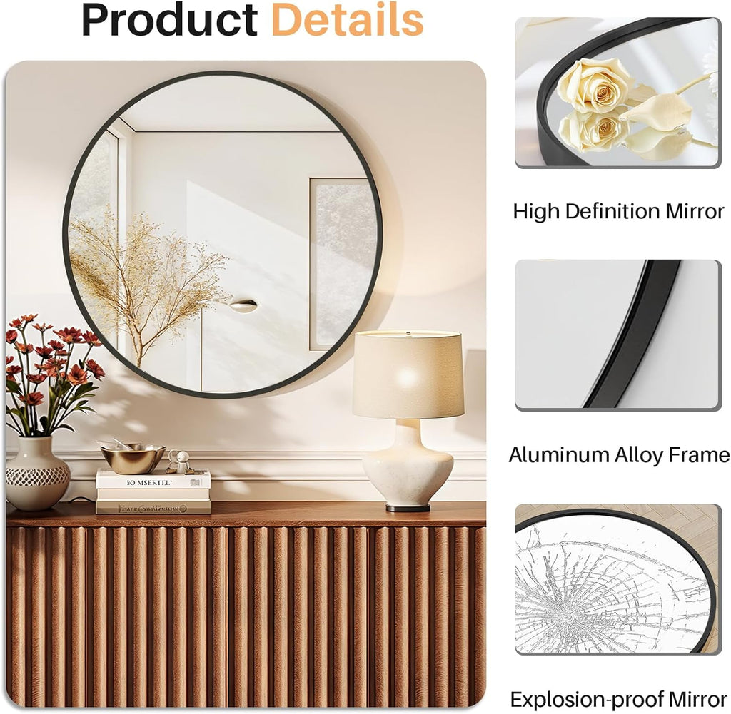 Bathroom Mirror for Wall, 24 Inch Round Mirror, Matte Black Metal Framed Circle Vanity Mirror for Bathroom Bedroom Living Room Entryway, Anti-Rust, Tempered Glass, Hanging or Leaning