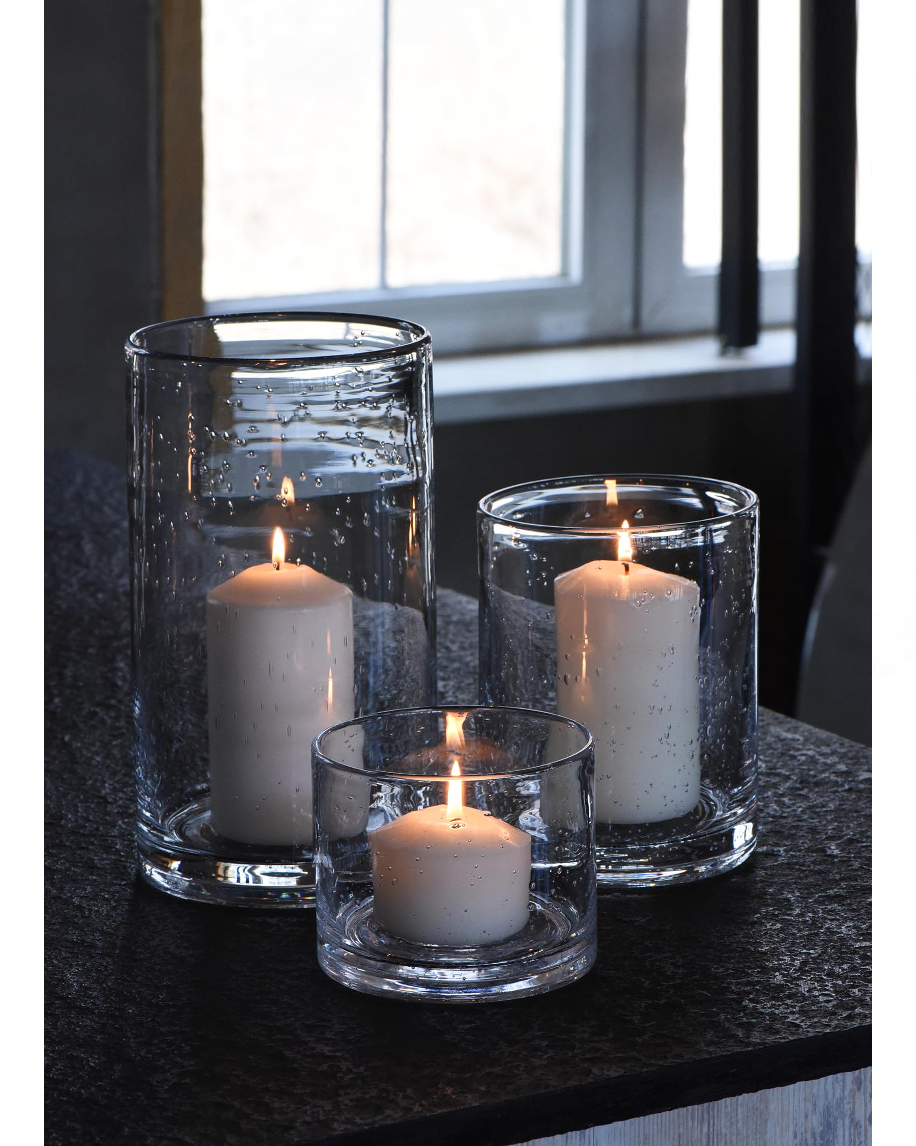 ARIAMOTION Hurricane Candle Holders for Pillar Hand Blown Glass Cylinder Vases Table Centerpiece Bulk Room Decor Clear Seeded Bubbles Living Dining Kitchen Island 10" 7" 4" Set of 3