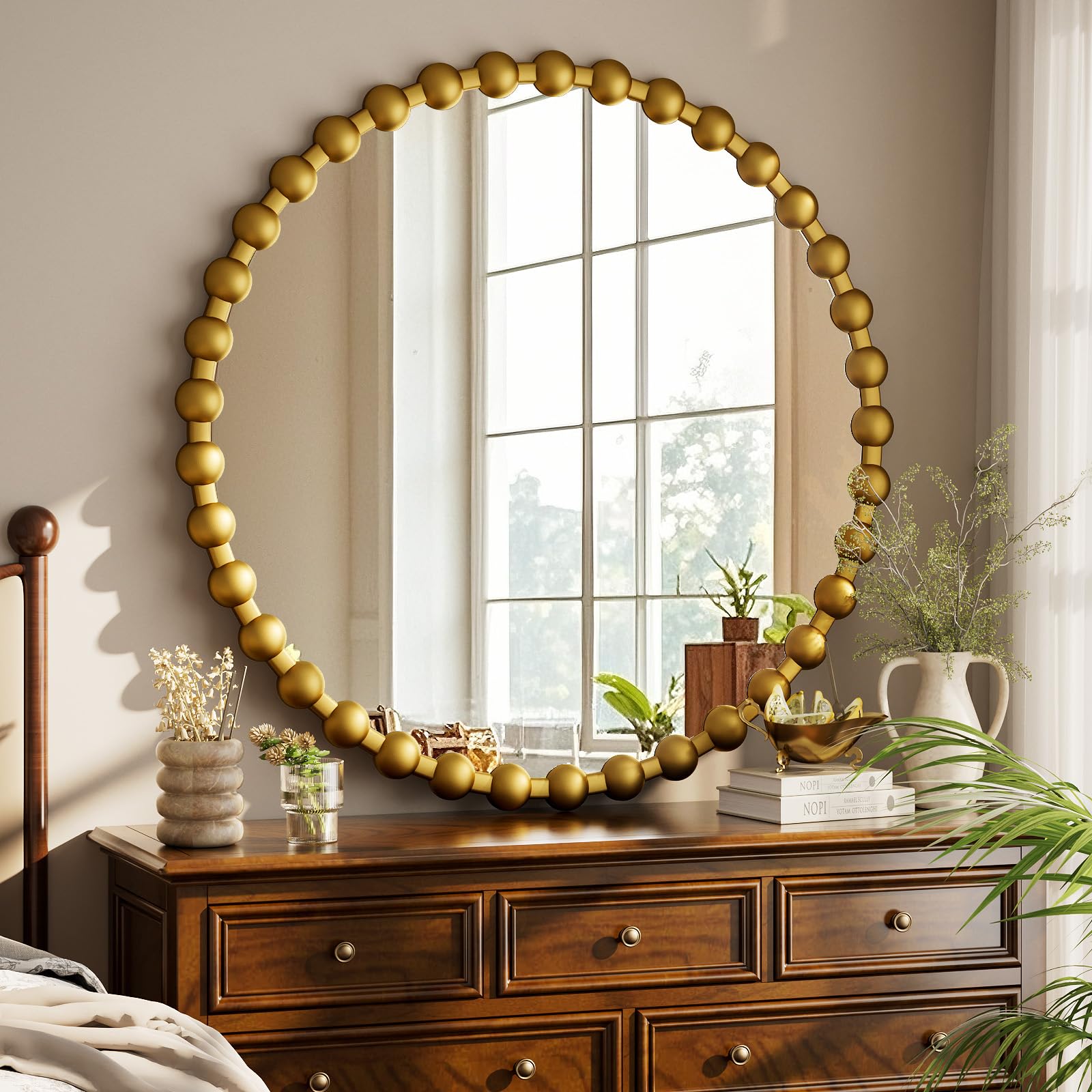 Round Mirror for Wall, 24 Inch Black Beaded Frame Decorative Vanity Mirror, Circle Bathroom Mirror with High-Definition Lense, Modern Wall Decor for Bathroom, Living Room, Bedroom, Entryway
