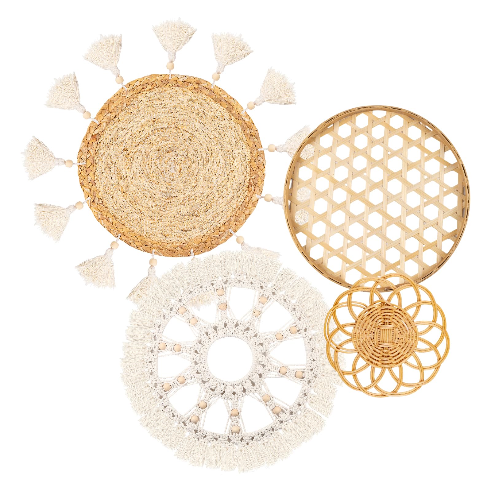 Boho Wall Basket Decor Set of 8 - Flat Woven Basket Wall Hanging Decor,Round Tassels White Macrame Tapestry Wall Decor Art,Handmade Rattan Wicker Seagrass Home Wall Baskets Decor（Boho Classic)