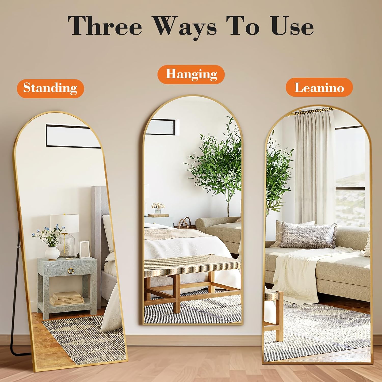 DUMOS 63.6"x20.6" Arched Full Length Mirror with Stand Floor Free Standing Aluminum Frame for Bedroom Body Hanging Leaning Modern Simple Home Decor Shatter-proorf Nano Glass Wall, Gold-Rounded