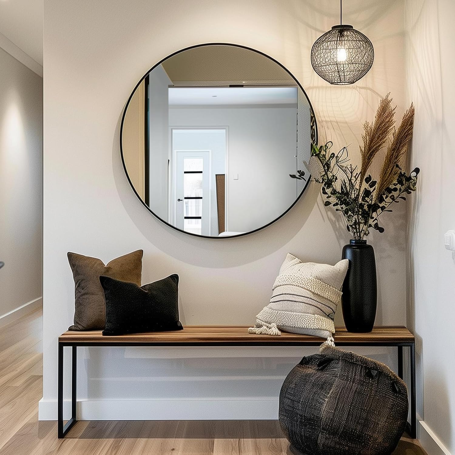 Black Round Mirror, Round Mirror 24 inch, Black Circle Mirrors Metal Frame, Wall Mounted Mirrors for Living Room, Bathroom, Wall, Entryway.