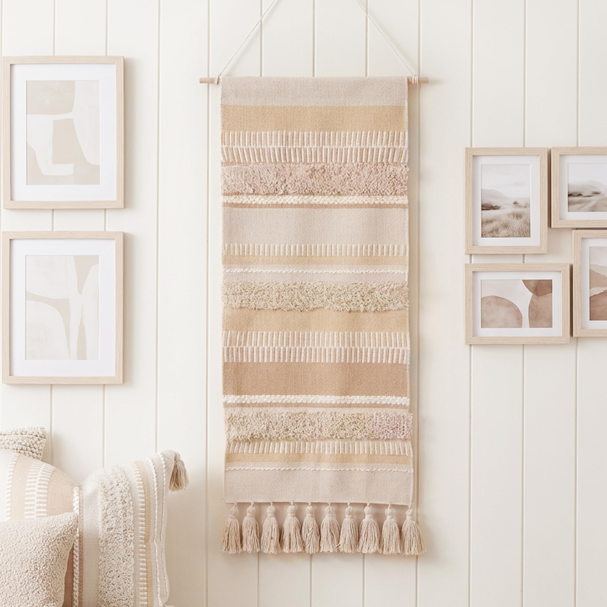 BlissBlush Long Vertical Wall Hanging Tapestry Woven Boho Farmhouse Decor Cream Beige Tassel Handmade Wall Art Decoration for Bedroom Living Room Dorm Nursery Apartment, 16x39 INCH