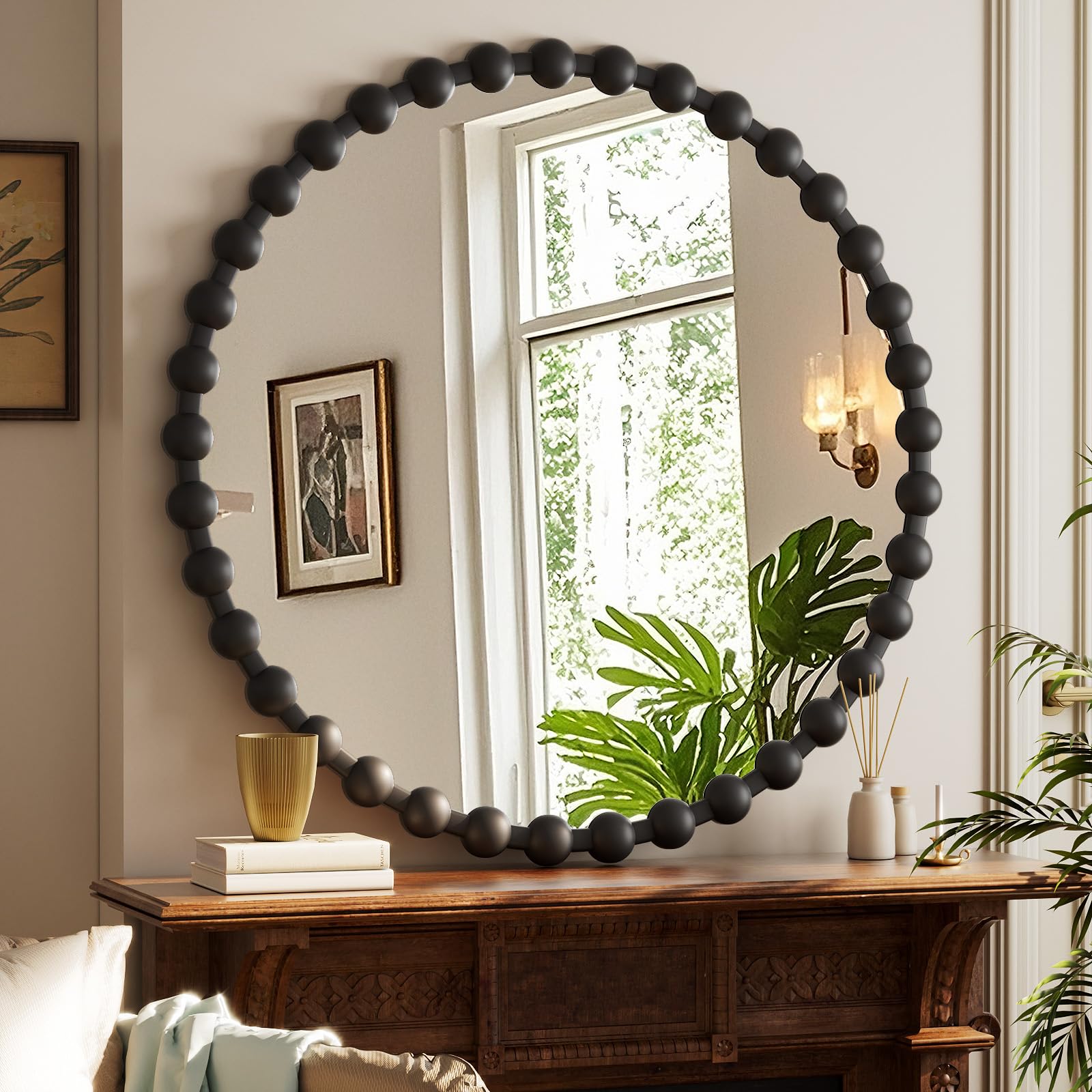 Round Mirror for Wall, 24 Inch Black Beaded Frame Decorative Vanity Mirror, Circle Bathroom Mirror with High-Definition Lense, Modern Wall Decor for Bathroom, Living Room, Bedroom, Entryway