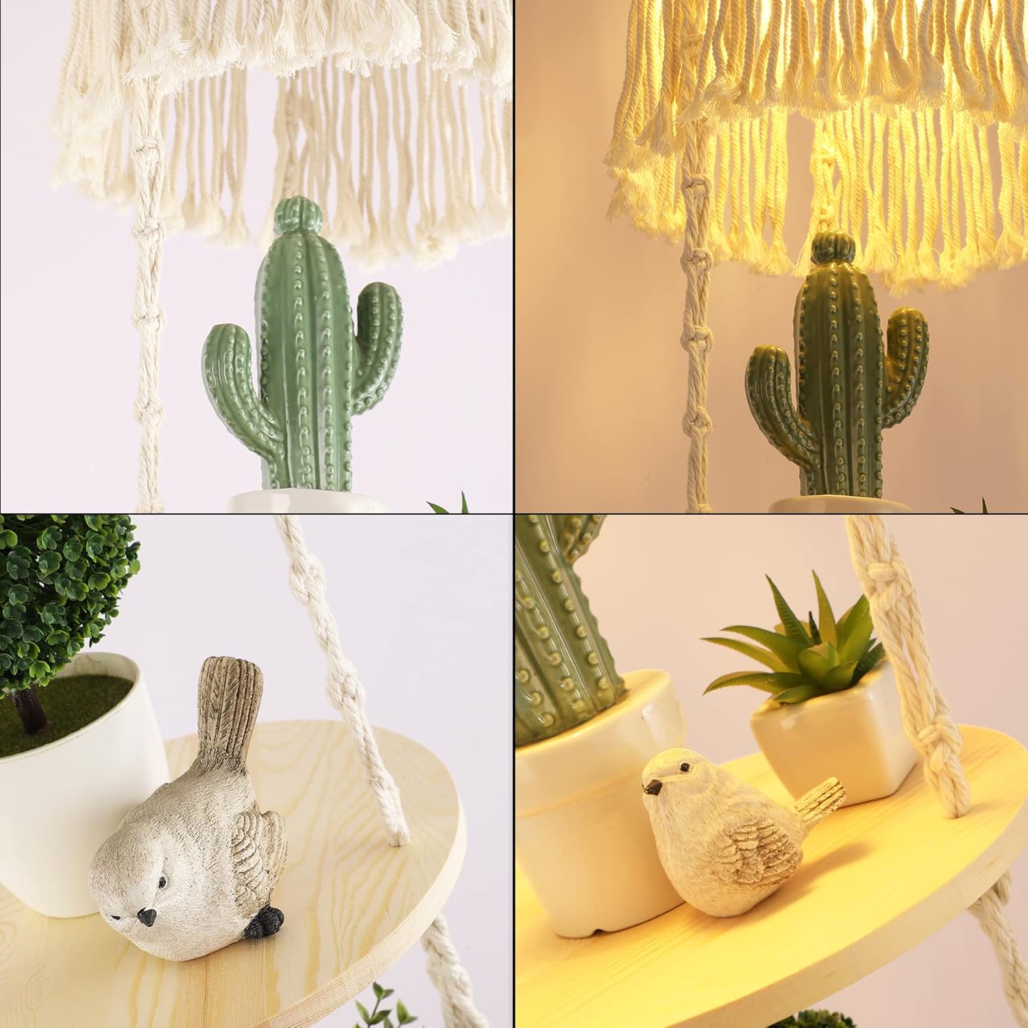 Boho Plug in Pendant Light,Hanging Light with Plug in Cord,Hanging Lamp Macrame Lamp Shade,Dimmable Switch,3 Tier Hanging Plant Shelf Shelves Bohemian Decor for Bedroom Living Room Corner