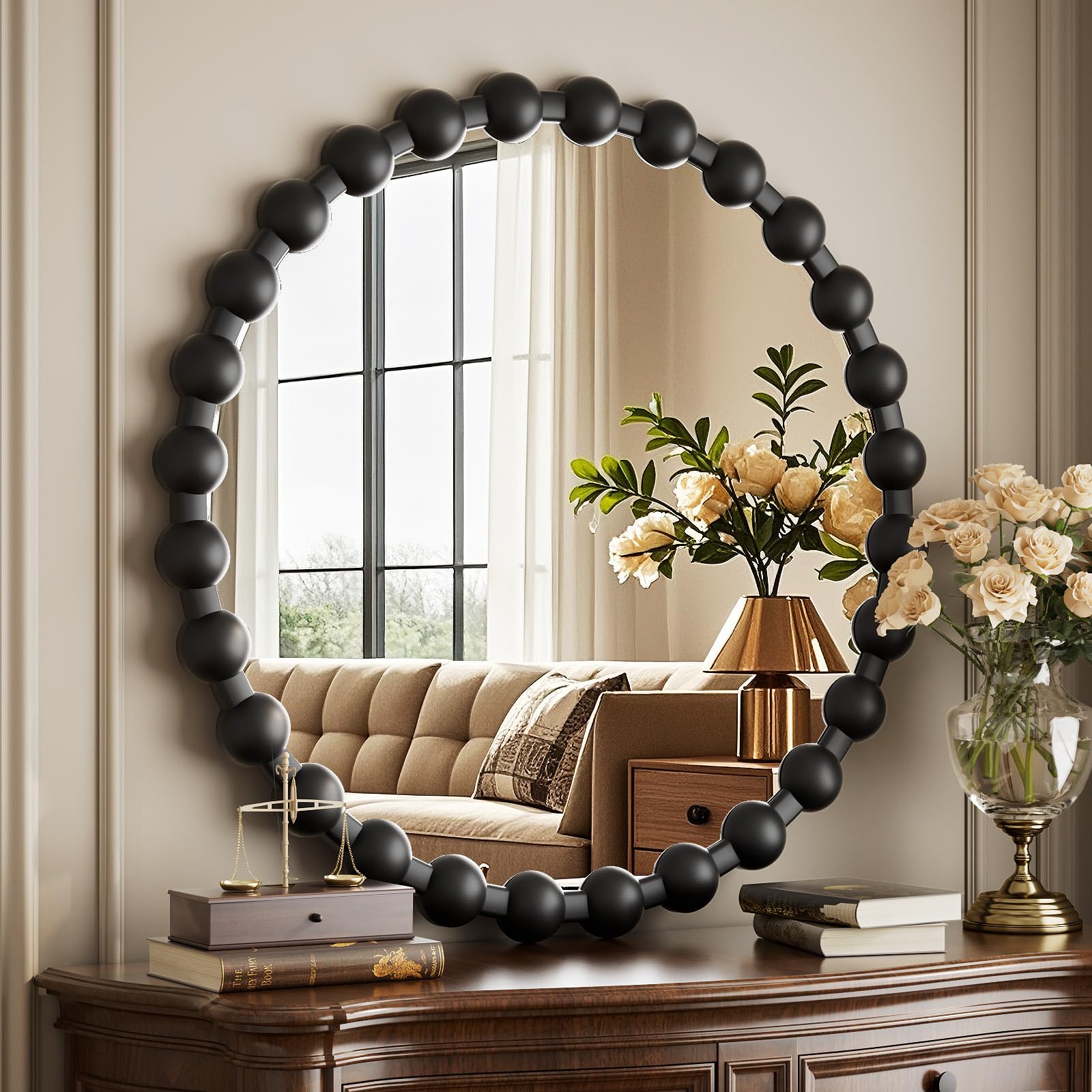 Round Mirror for Wall, 24 Inch Black Beaded Frame Decorative Vanity Mirror, Circle Bathroom Mirror with High-Definition Lense, Modern Wall Decor for Bathroom, Living Room, Bedroom, Entryway