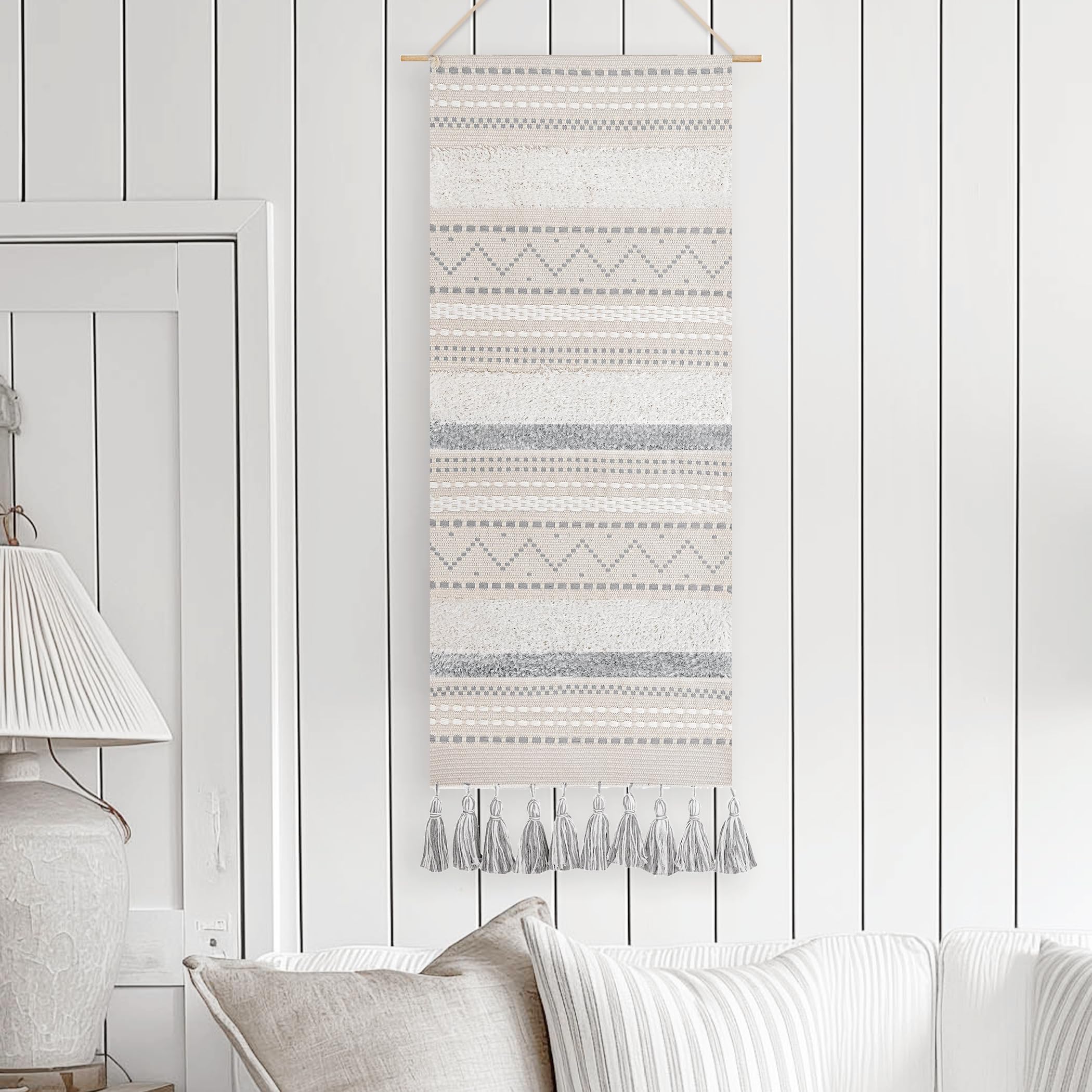 BlissBlush Long Vertical Wall Hanging Tapestry Woven Boho Farmhouse Decor Cream Beige Tassel Handmade Wall Art Decoration for Bedroom Living Room Dorm Nursery Apartment, 16x39 INCH