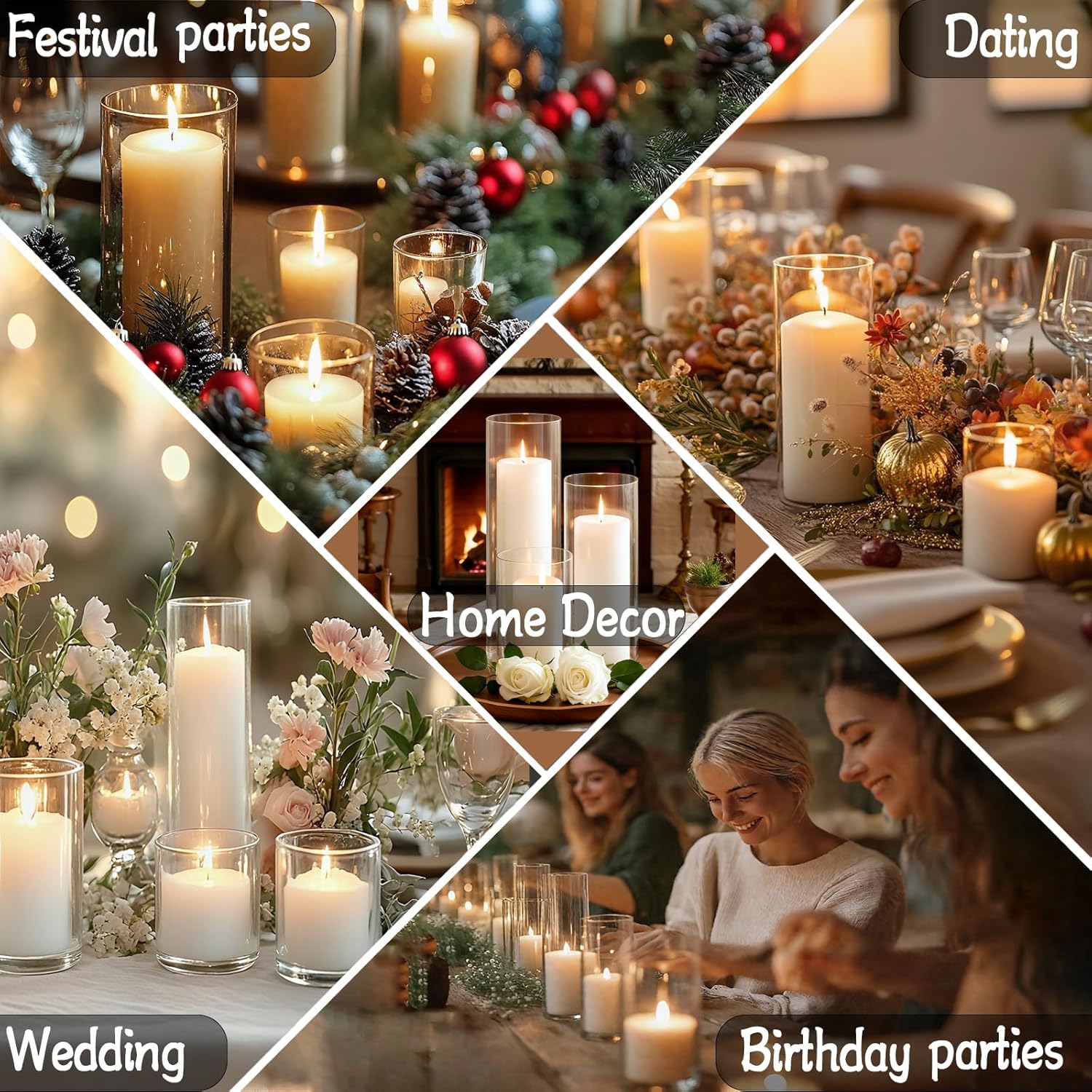 24 Pcs White Pillar Candles and Glass Cylinder Vases Clear Glass Pillar Candle Holders Hurricane Glass Candle Holders for Table Centerpieces Wedding, Party, Event, Home Office