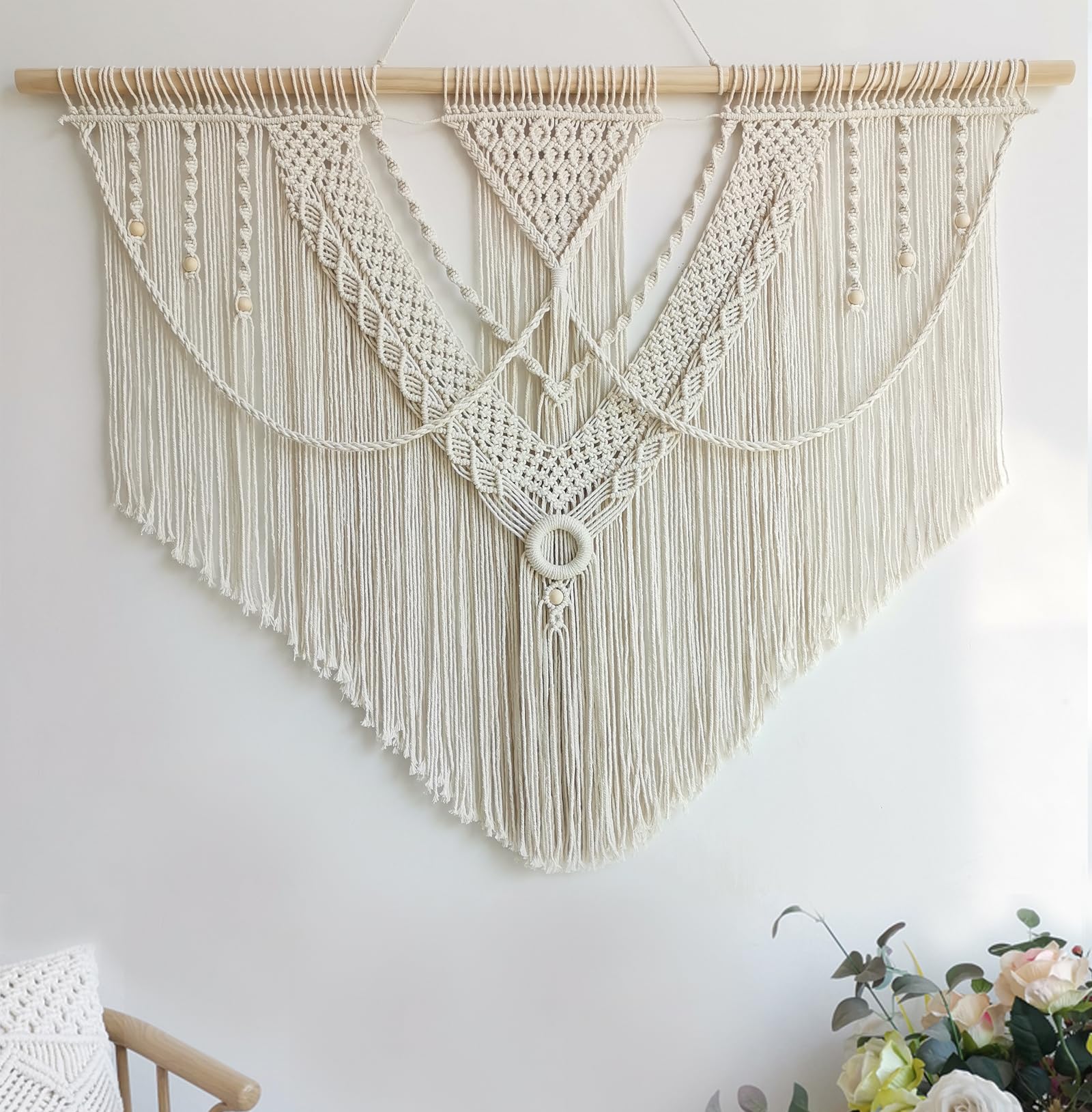 Achart Macrame Wall Hanging Large- Boho Wall Decor- large wall art- Wall Decor Living Room- Macrame Tapestry Boho Decor for Bedroom (Wooden Bead)