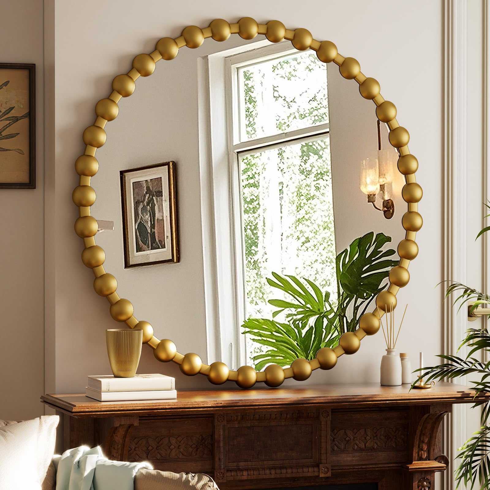 Round Mirror for Wall, 24 Inch Black Beaded Frame Decorative Vanity Mirror, Circle Bathroom Mirror with High-Definition Lense, Modern Wall Decor for Bathroom, Living Room, Bedroom, Entryway
