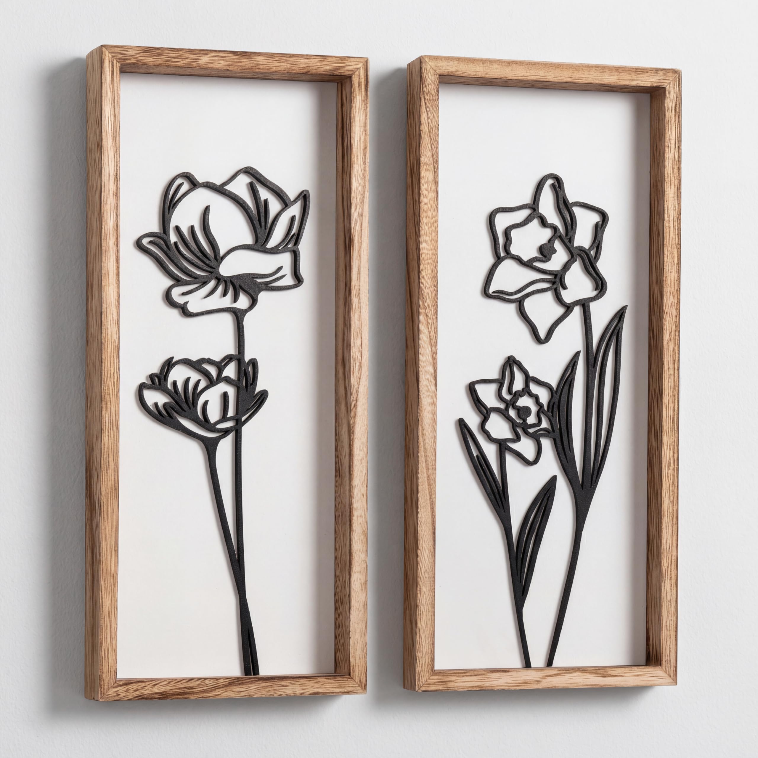 3D Wooden Floral Bathroom Wall Decor (Set of 4) Lightweight, Ready-to-Hang Framed Wall Art For Living Room, Bedroom, or Office - Premium Boho Botanical Farmhouse Decorations - Gift-Boxed