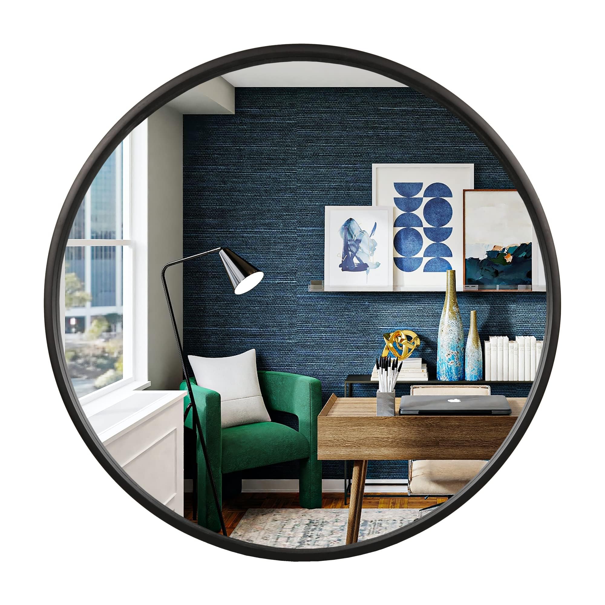 WallBeyond Wood Round Mirror with Wood Frame 24 inch Circle Wall Mirror for Bathroom Round Wall Mirror for Wall Decor, Vanity, Entryway Living Room (Walnut)
