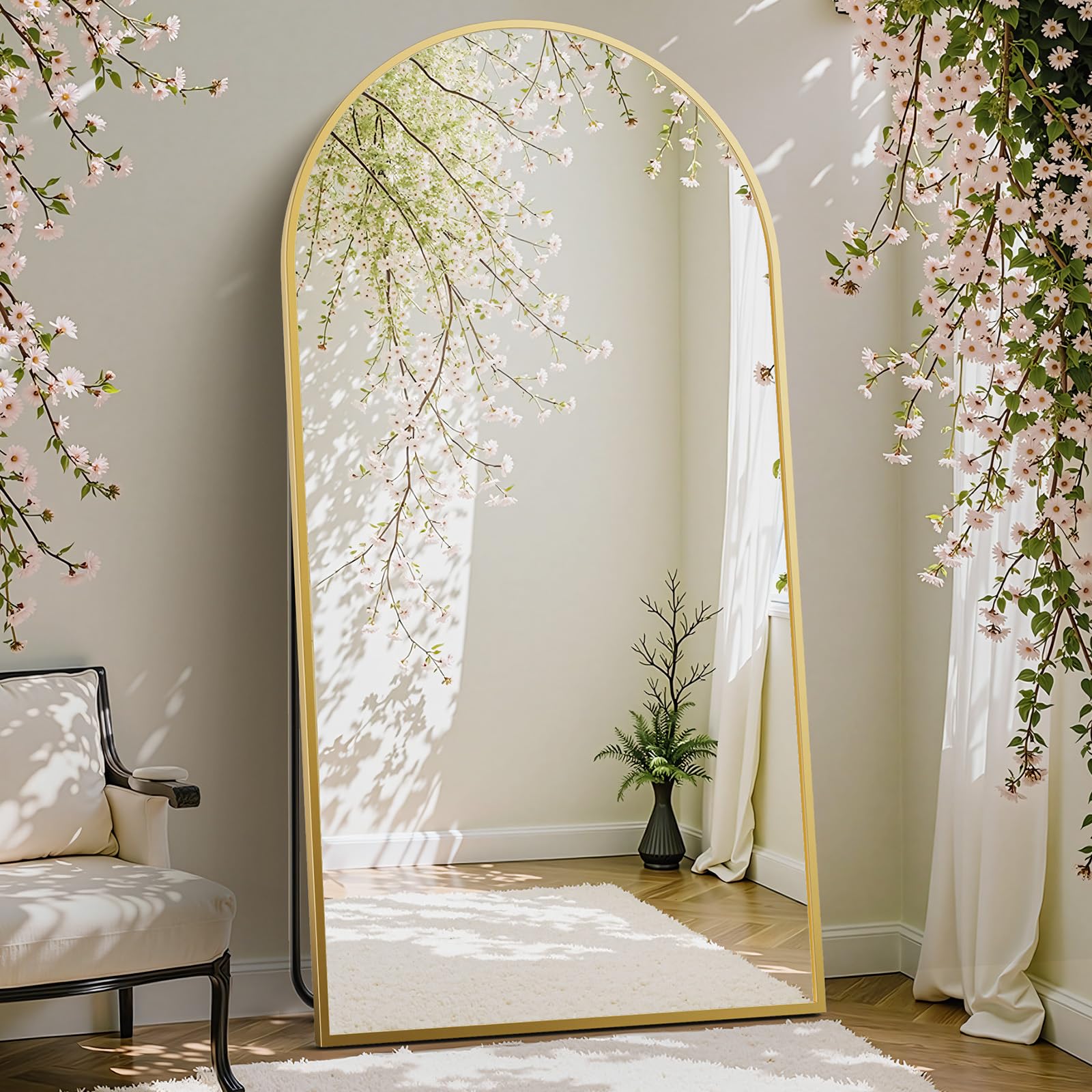 DUMOS 63.6"x20.6" Arched Full Length Mirror with Stand Floor Free Standing Aluminum Frame for Bedroom Body Hanging Leaning Modern Simple Home Decor Shatter-proorf Nano Glass Wall, Gold-Rounded