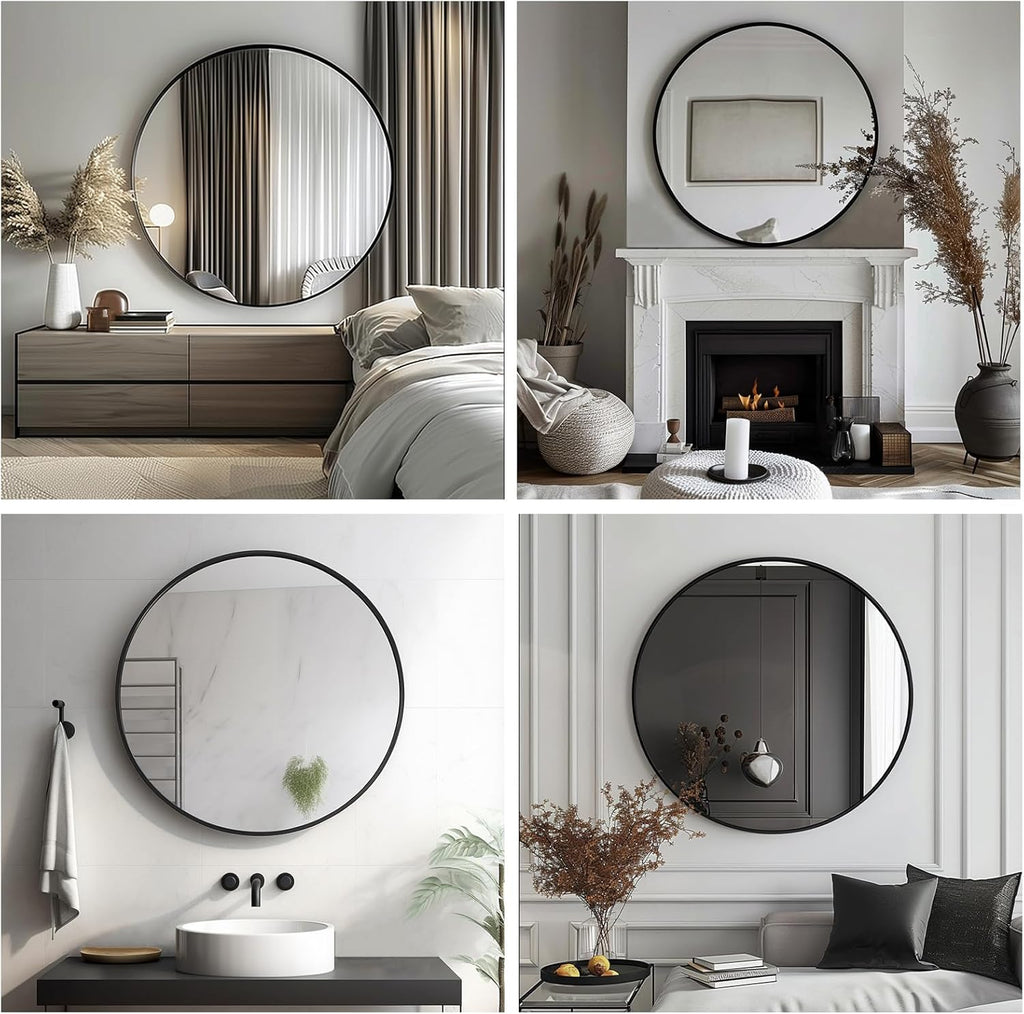 Black Round Mirror, Round Mirror 24 inch, Black Circle Mirrors Metal Frame, Wall Mounted Mirrors for Living Room, Bathroom, Wall, Entryway.