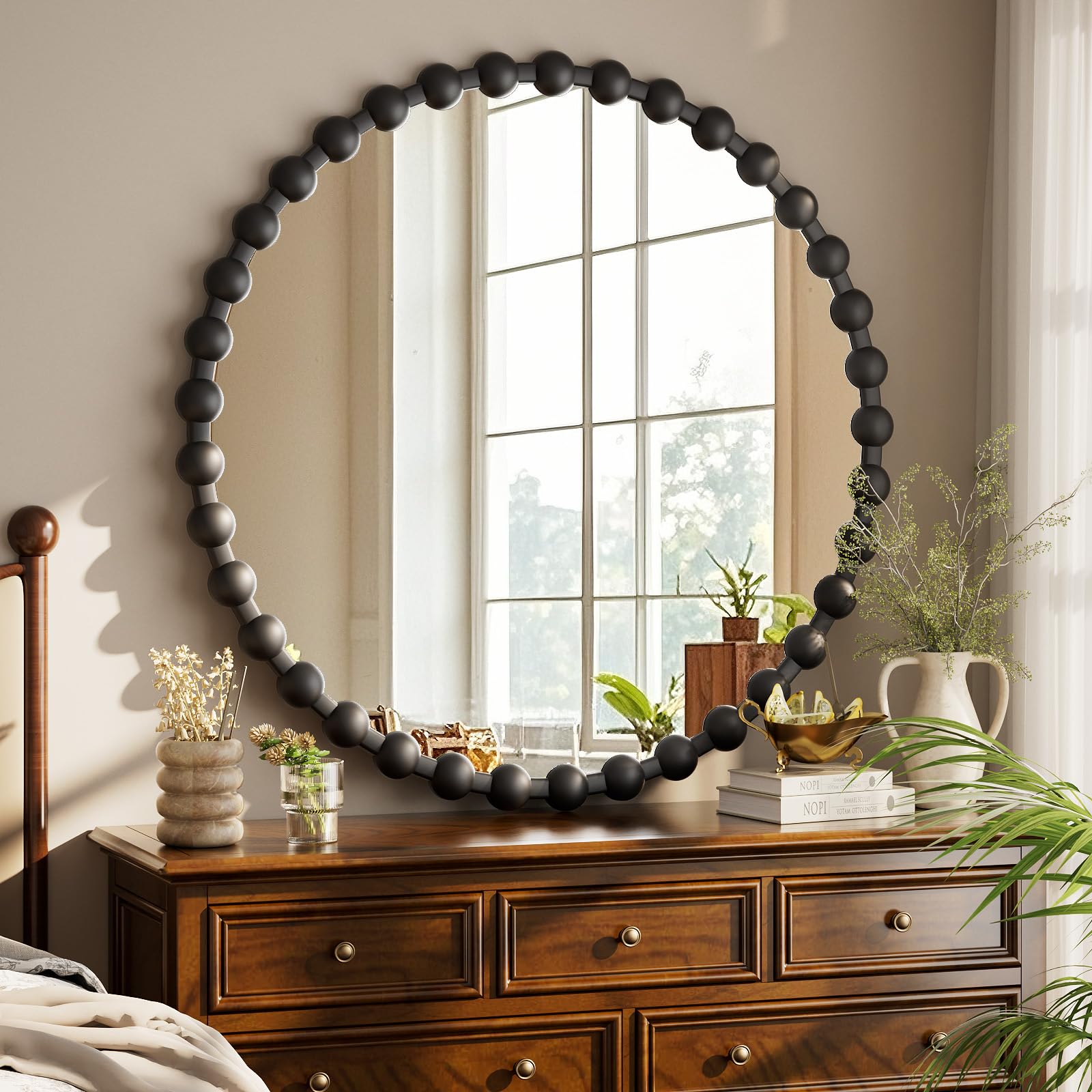 Round Mirror for Wall, 24 Inch Black Beaded Frame Decorative Vanity Mirror, Circle Bathroom Mirror with High-Definition Lense, Modern Wall Decor for Bathroom, Living Room, Bedroom, Entryway