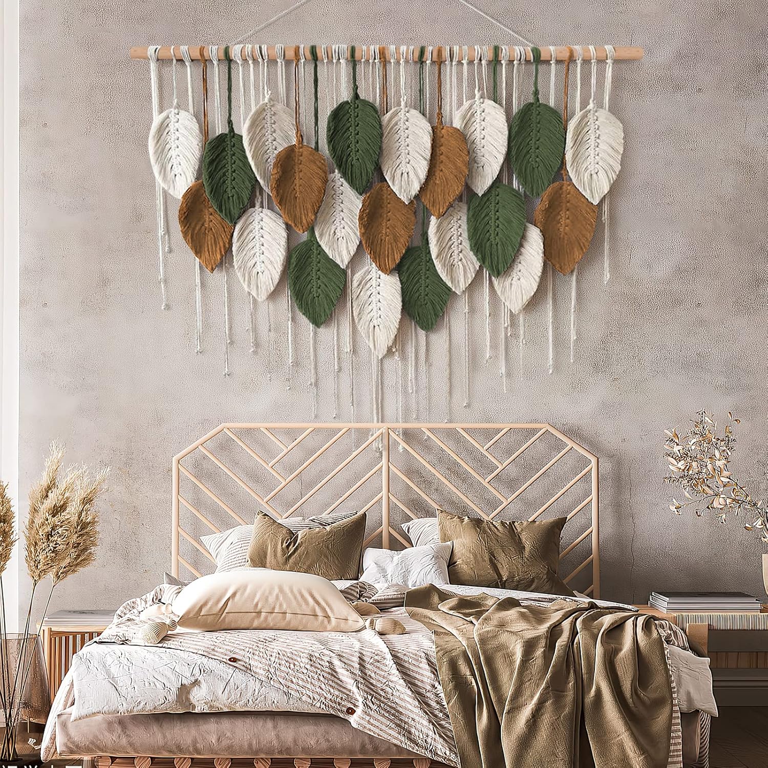 KHOYIME Large Macrame Wall Hanging Boho Woven Tapestry, Chic Home Decor Modern Bohemian Handmade Leaf Feather Wall Art Decorations for Apartment Dorm Living Room Bedroom Nursery Backdrop 39"W X 29.5"L