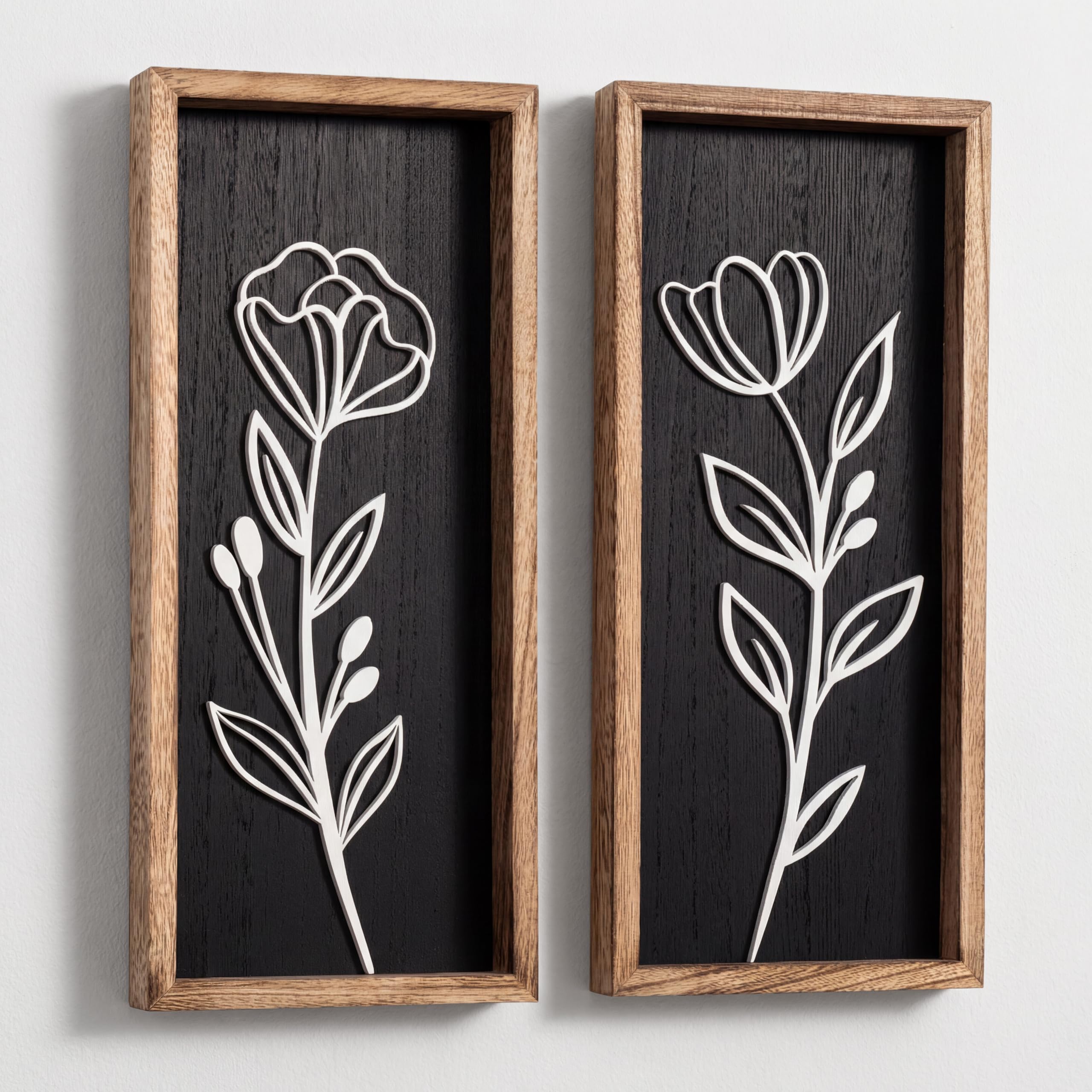 3D Wooden Floral Bathroom Wall Decor (Set of 4) Lightweight, Ready-to-Hang Framed Wall Art For Living Room, Bedroom, or Office - Premium Boho Botanical Farmhouse Decorations - Gift-Boxed